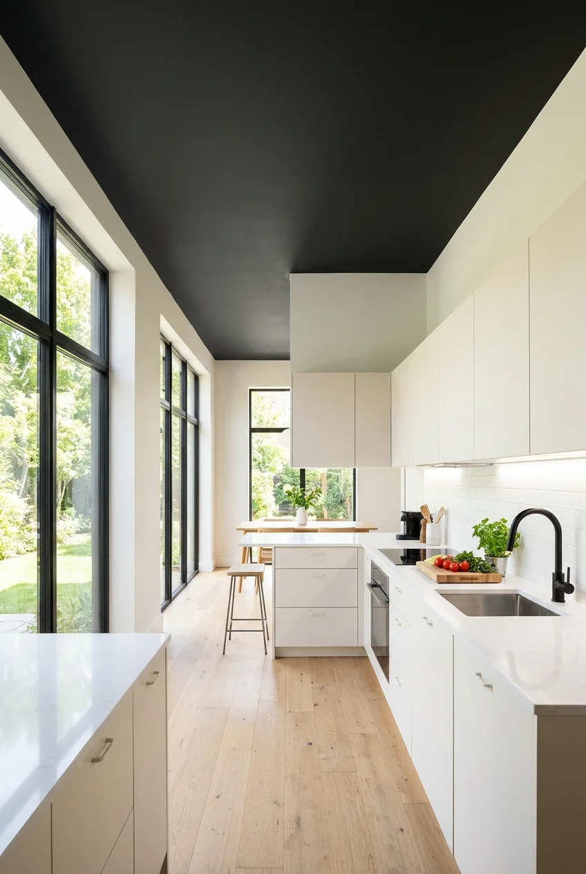 Matte charcoal ceiling contrasting with warm-white modern cabinets.