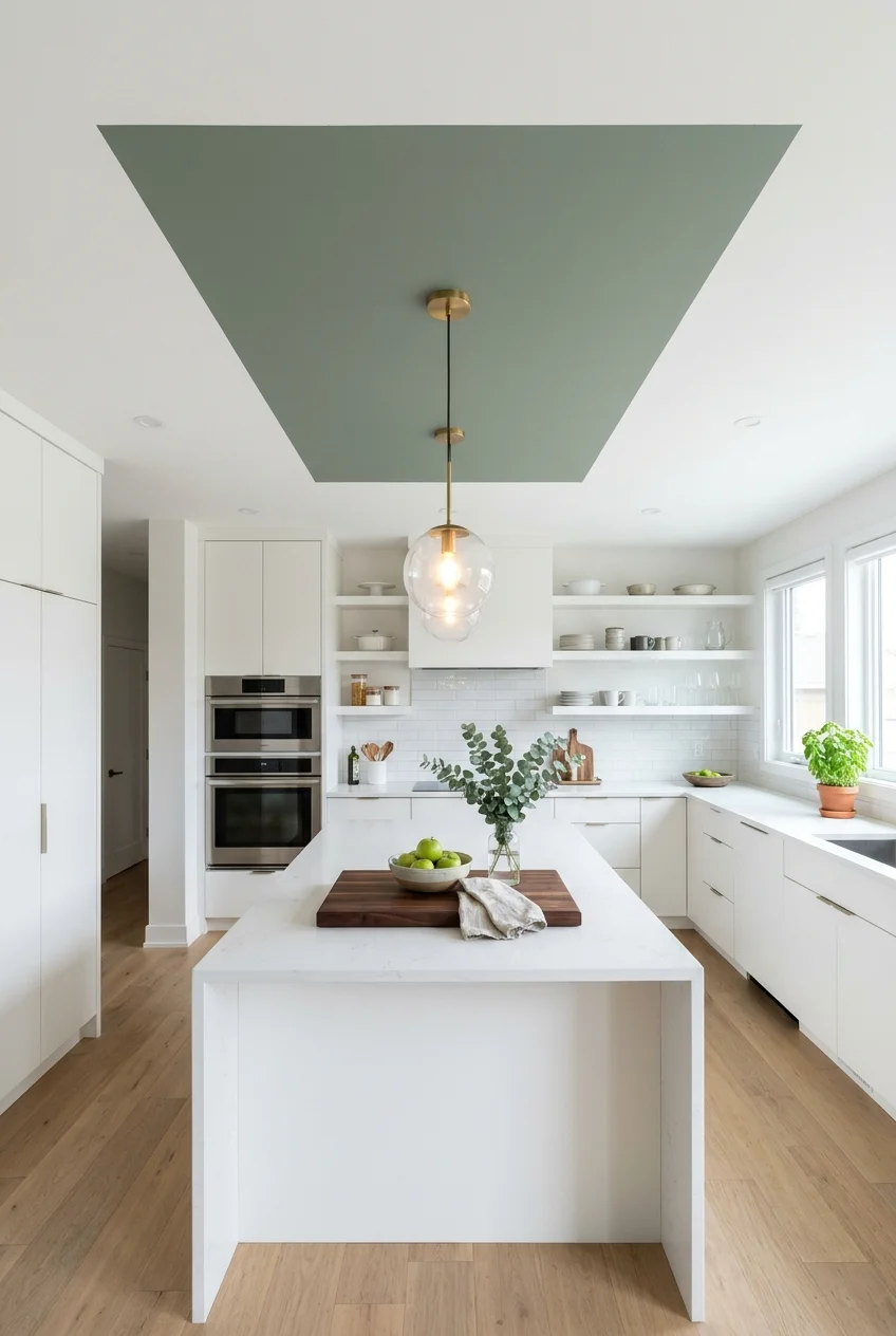 Sage ceiling color block aligned precisely above a kitchen island.