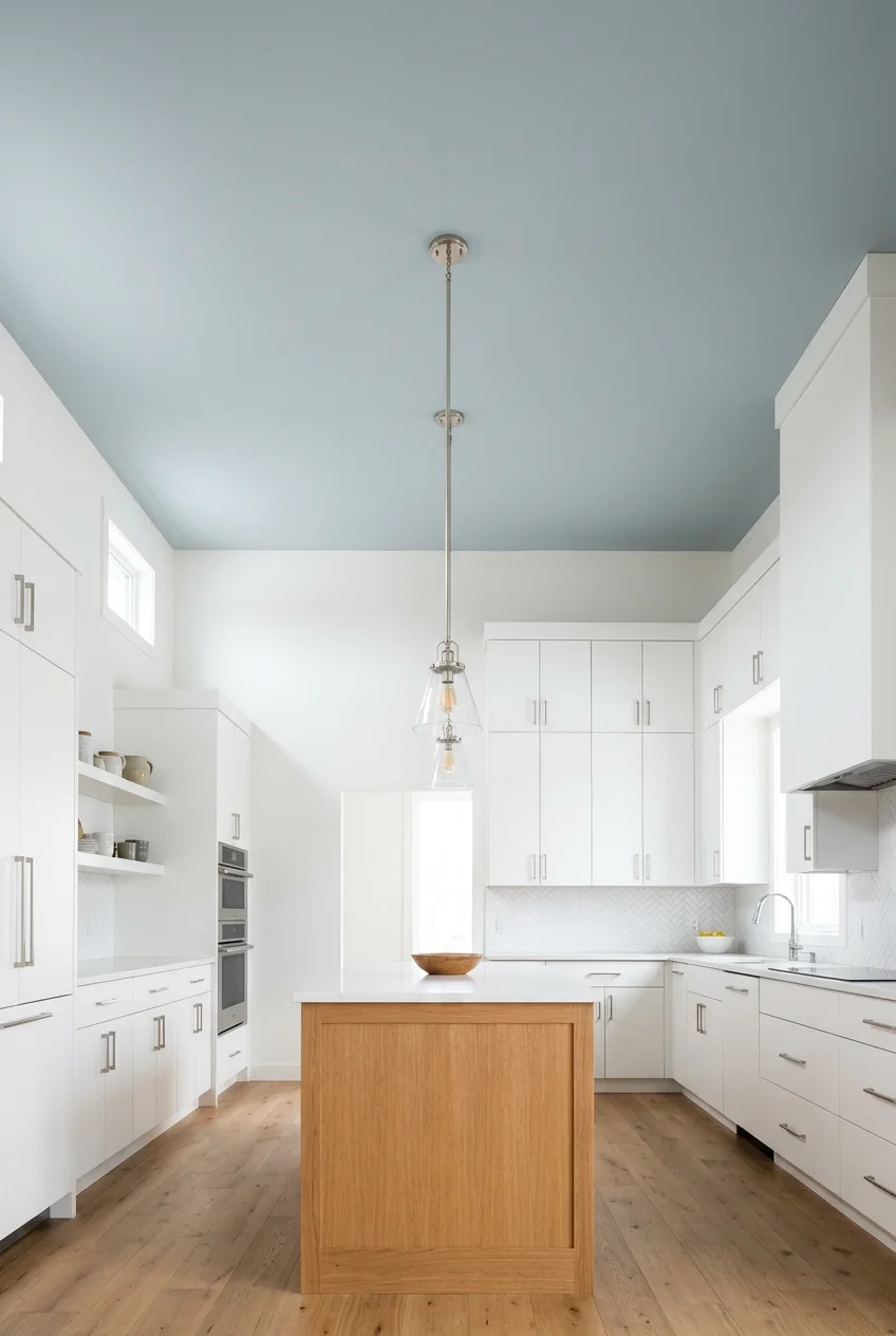 Pale blue-gray ceiling above white modern kitchen cabinets.