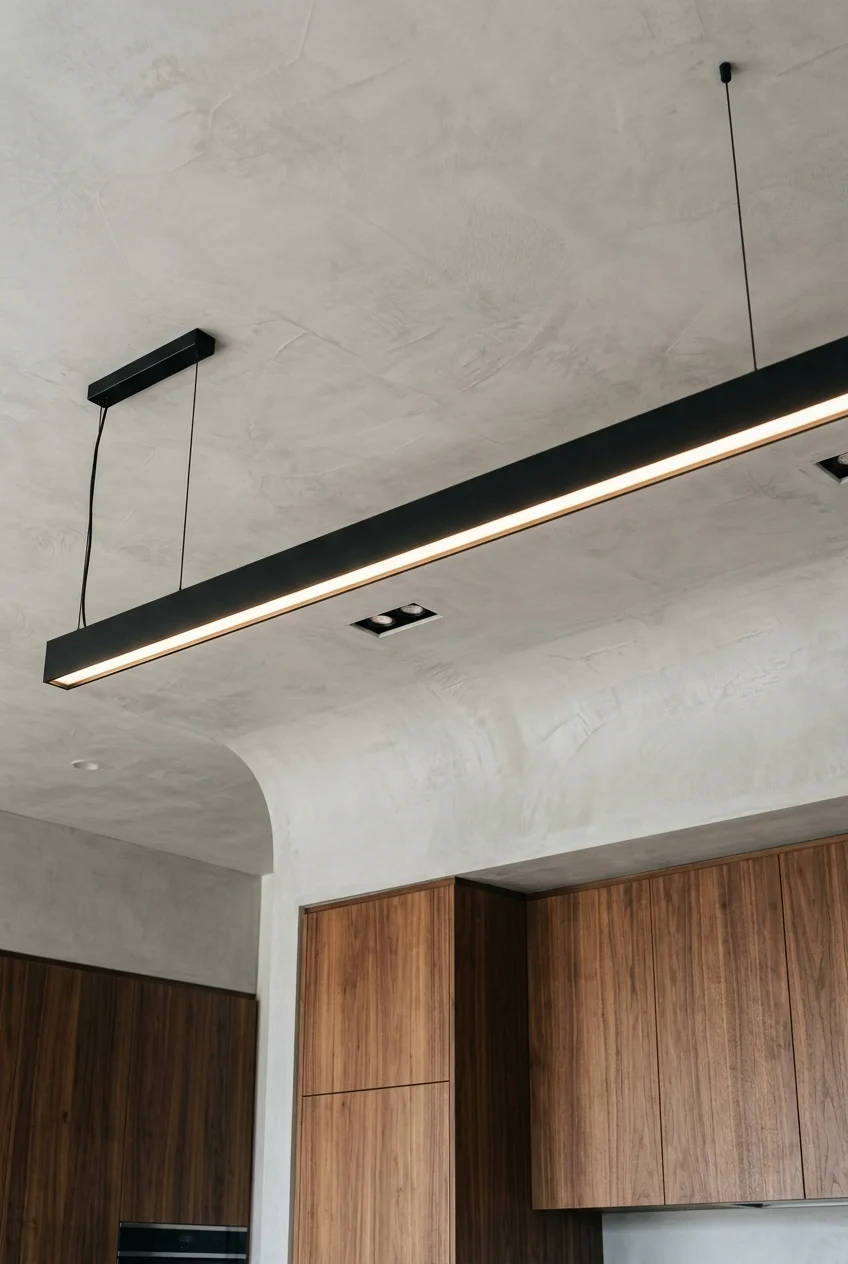 Light-gray concrete-look ceiling above a walnut modern kitchen.