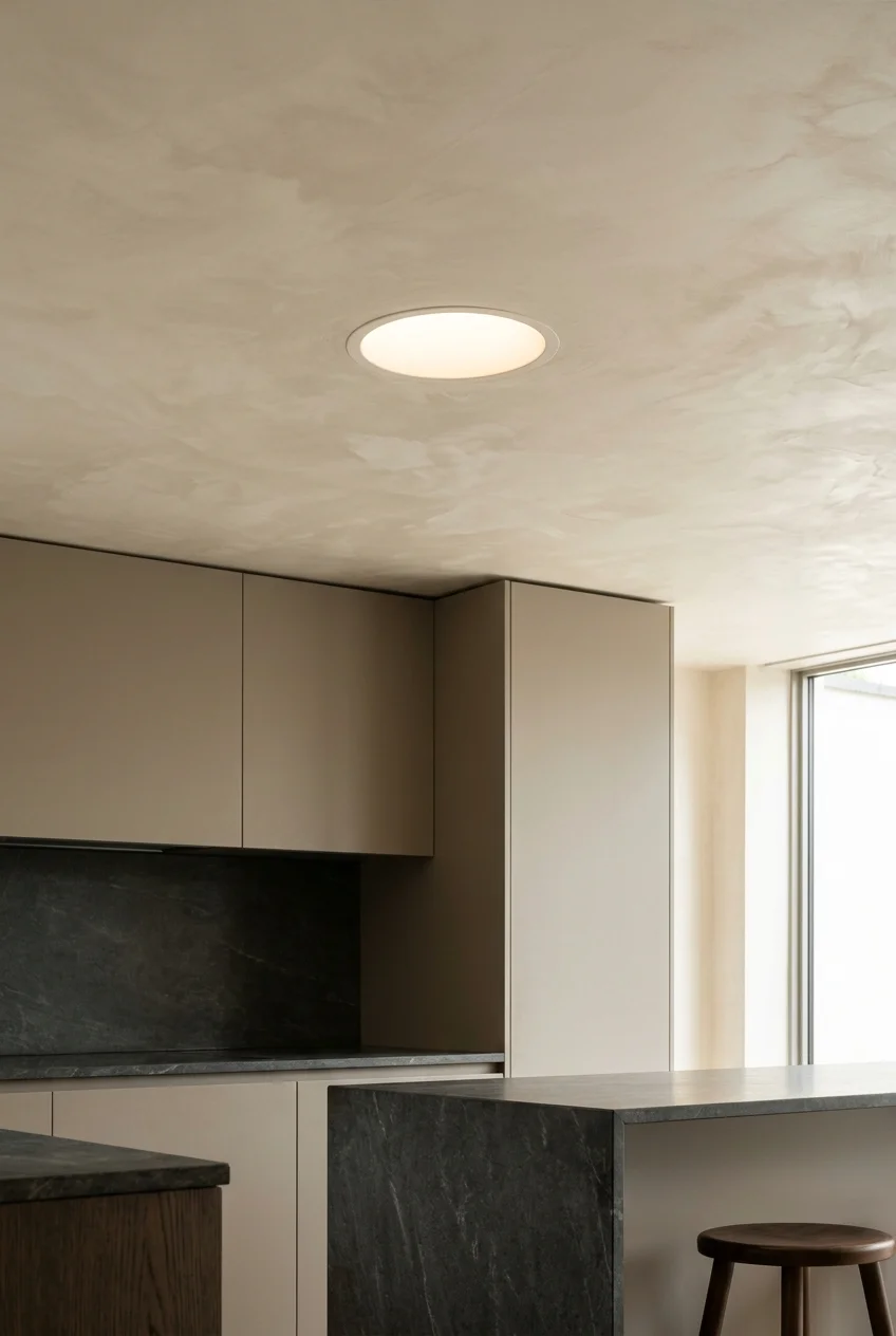 Warm ivory polished-plaster ceiling with subtle movement.