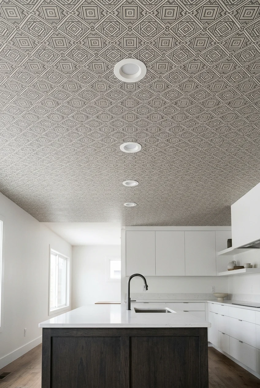 Small-scale geometric wallcovering centered above a modern kitchen island.