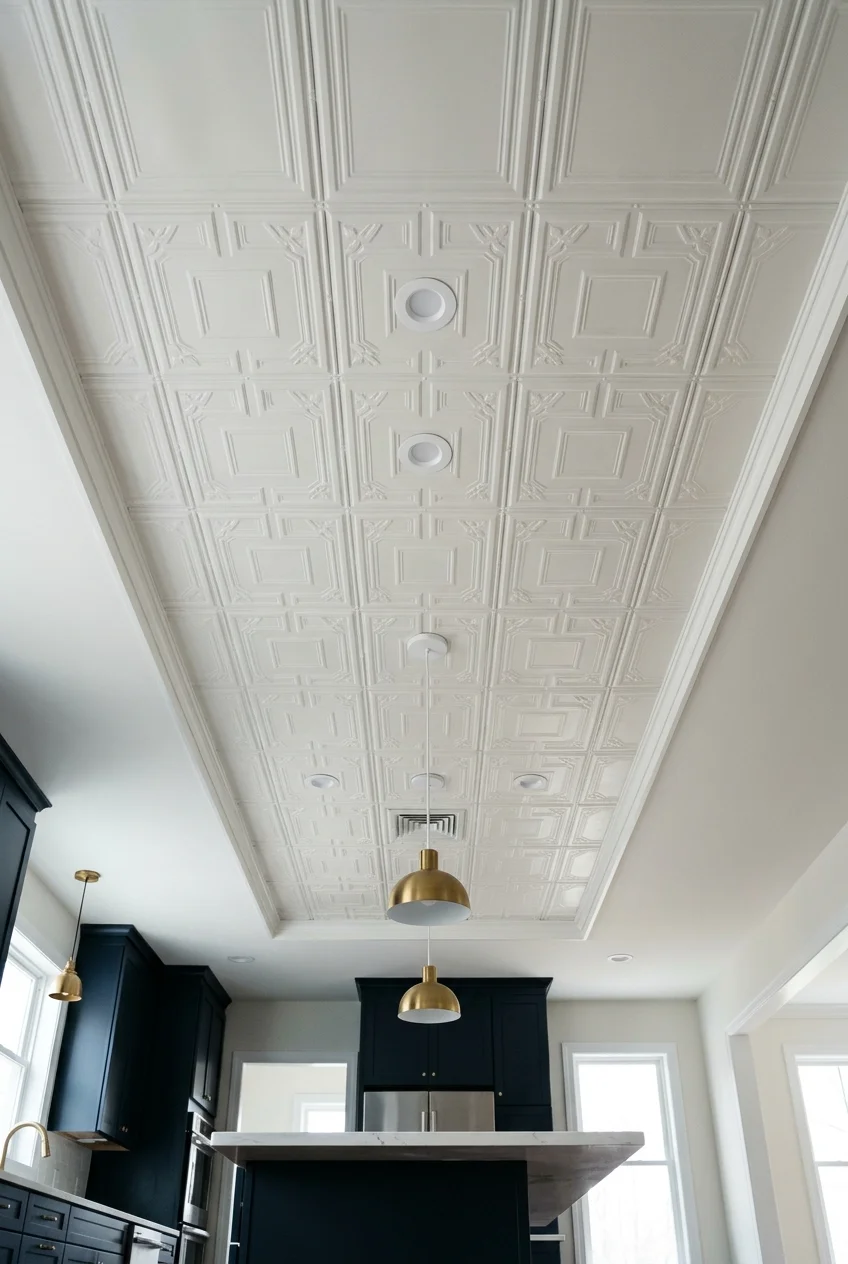 Matte white pressed metal panels above a modern island.
