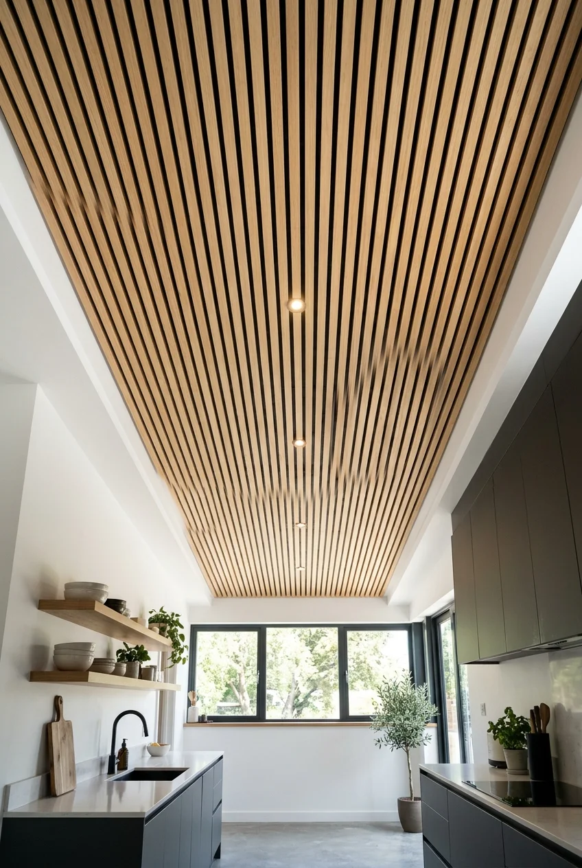 Pale oak slatted ceiling running toward a kitchen window.