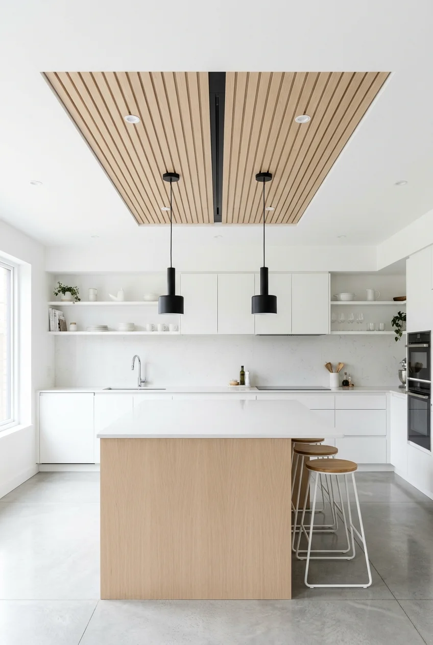 Wood slat ceiling inset aligned over a modern kitchen island.