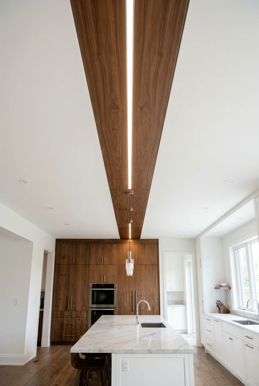 Walnut ceiling band connecting the cabinet wall and island.