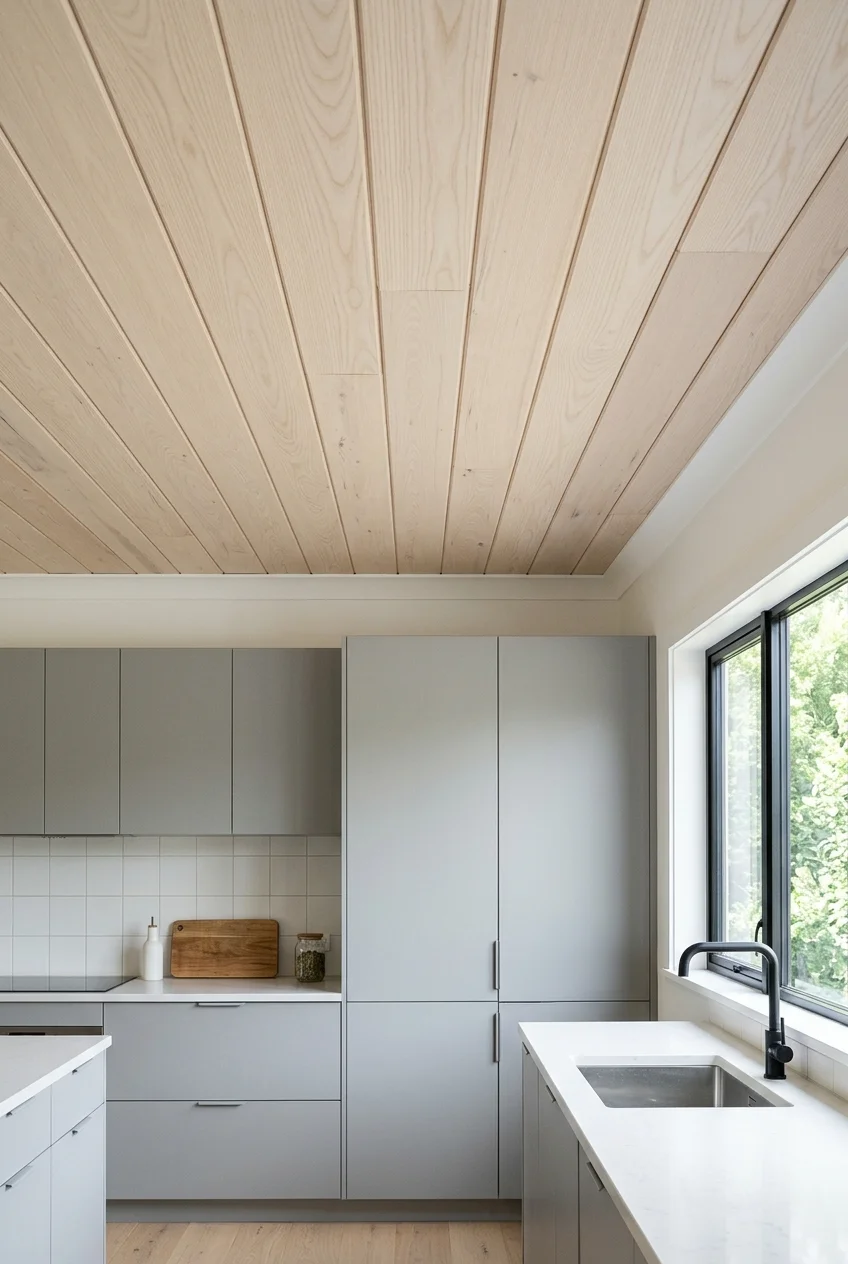 Wide pale ash ceiling planks above gray modern cabinets.