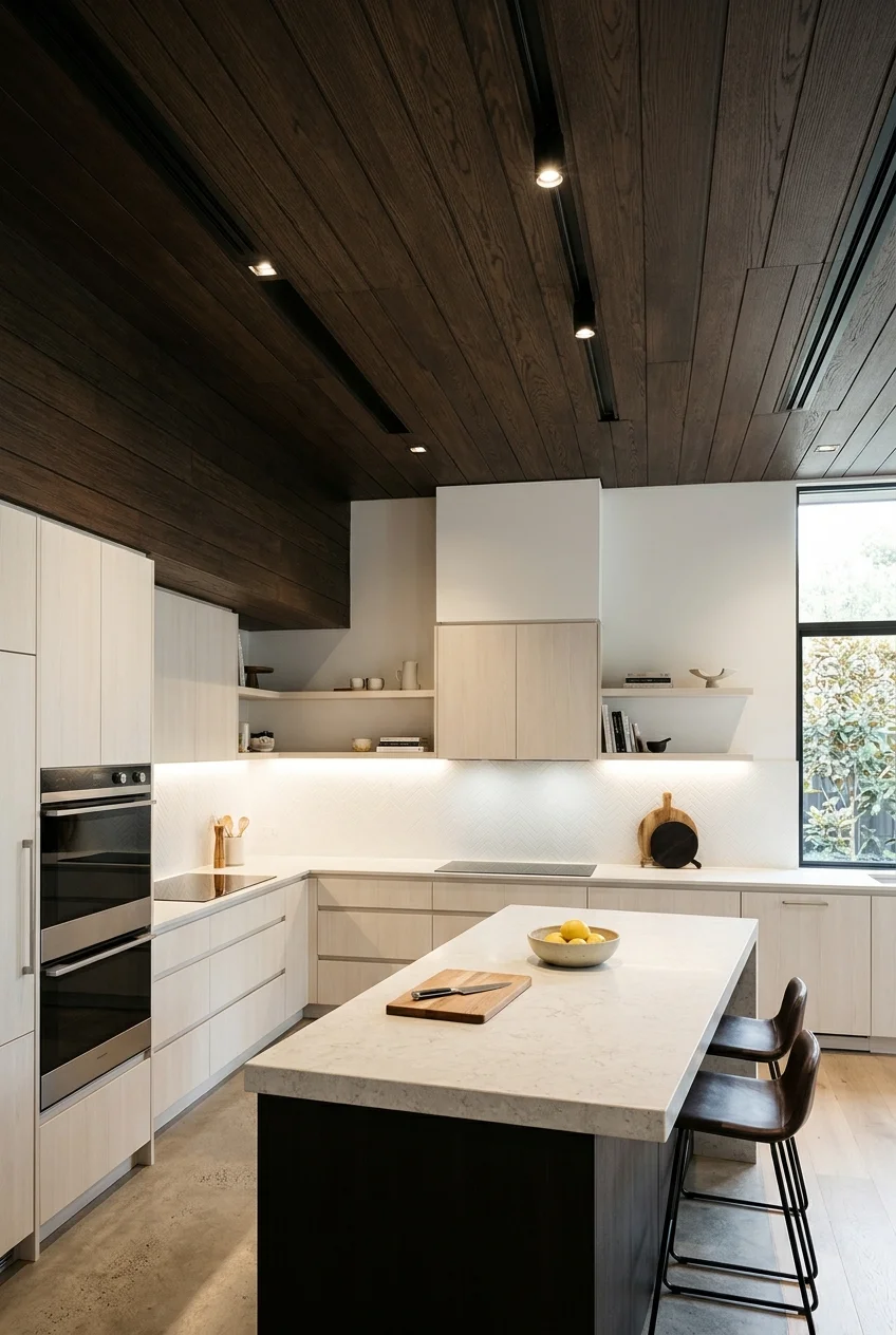 Dark wood ceiling balanced by light cabinets and counters.