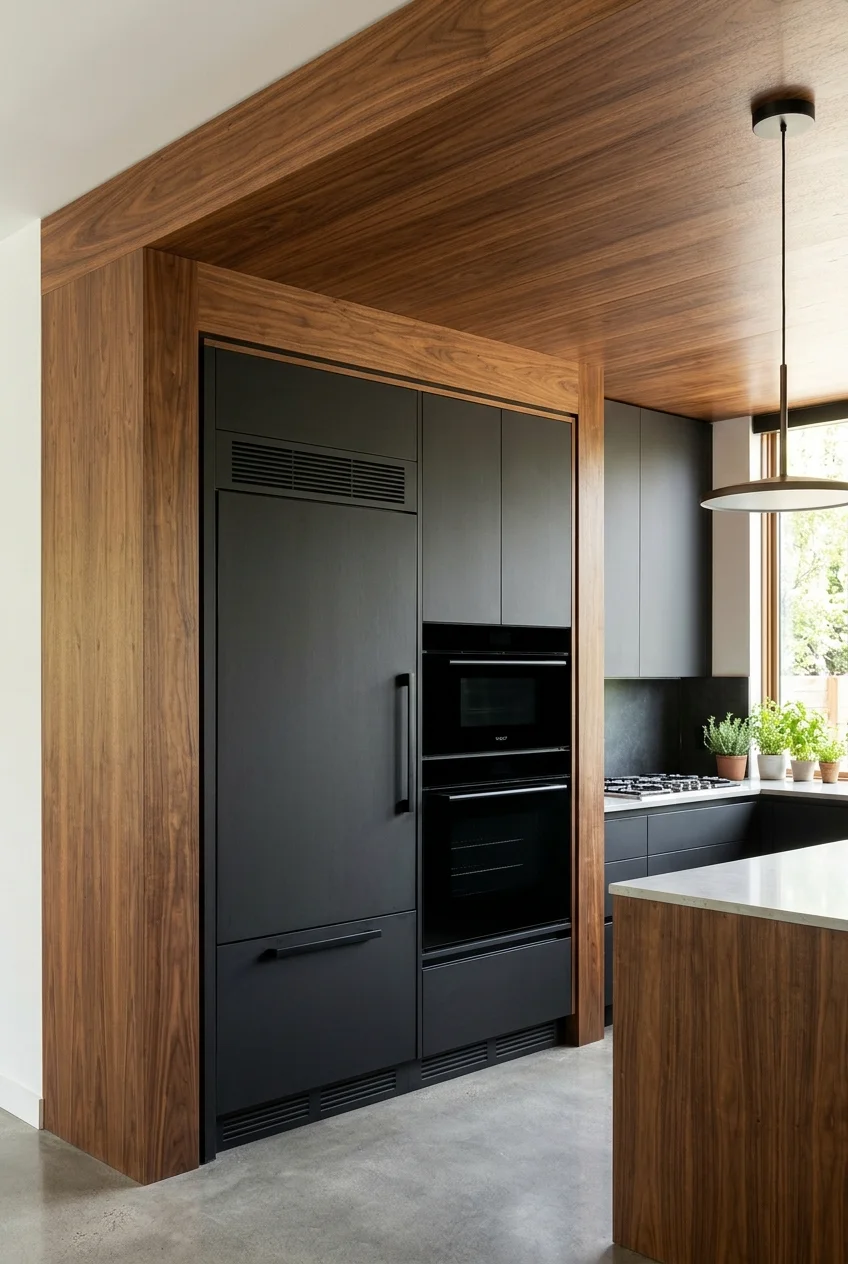 Walnut ceiling soffit wrapping into a tall cabinet wall.