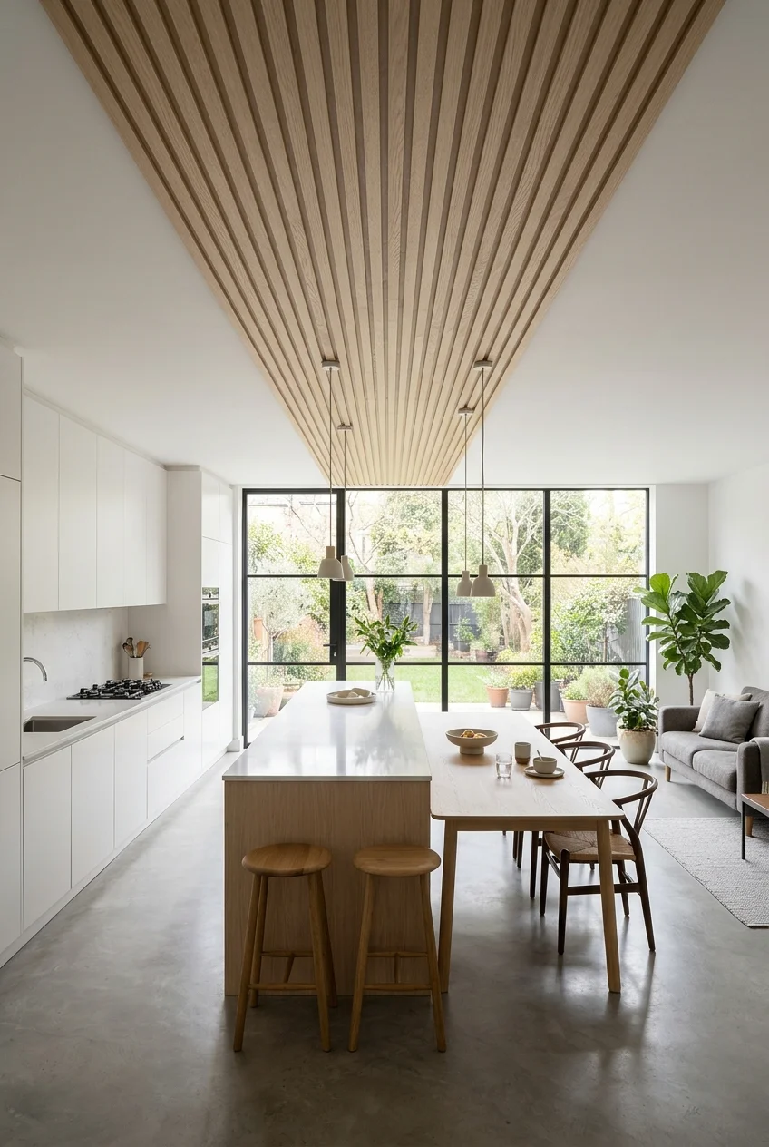 Continuous wood slat strip connecting kitchen island and dining table.