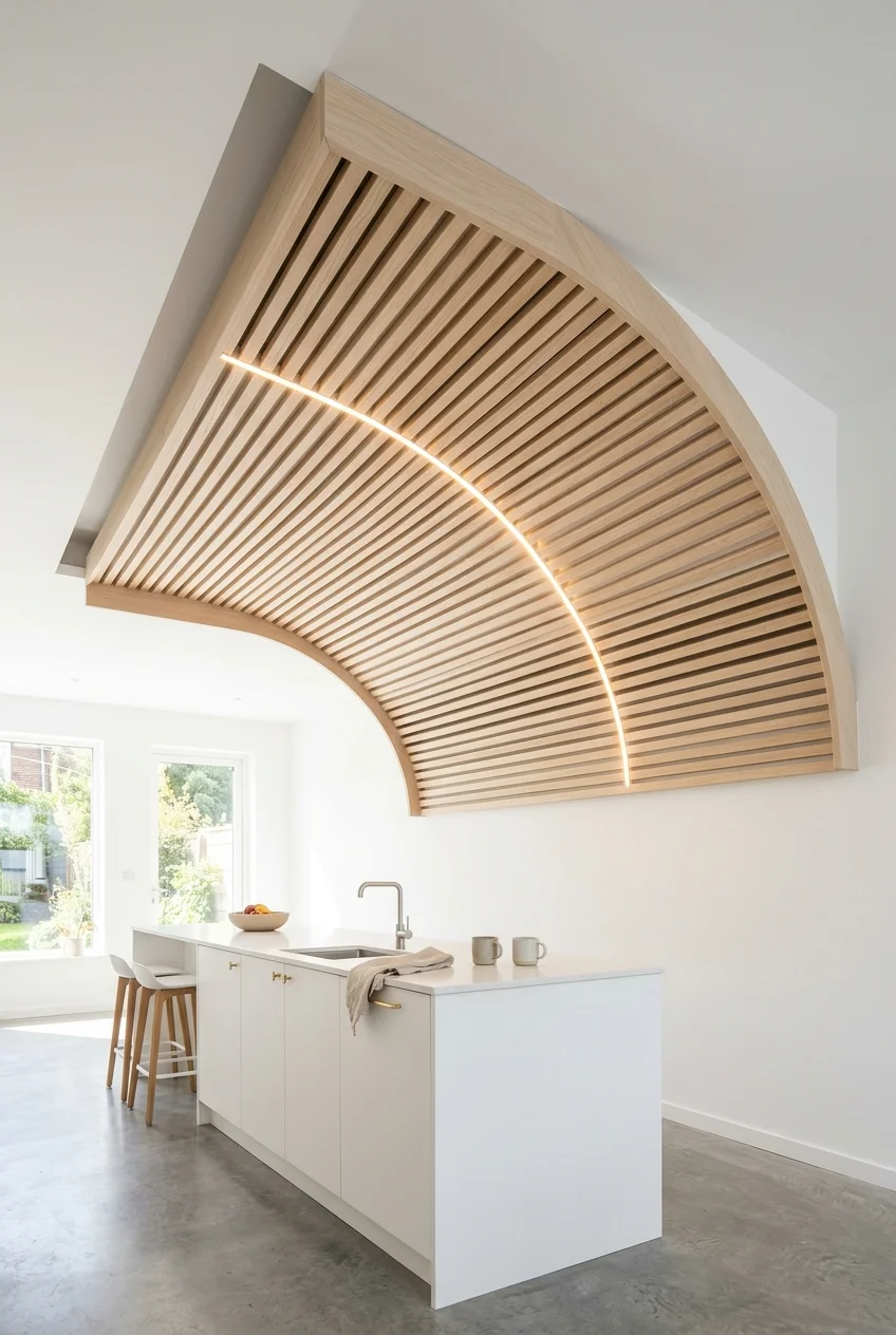 Curved pale-oak slat canopy above a simple modern island.