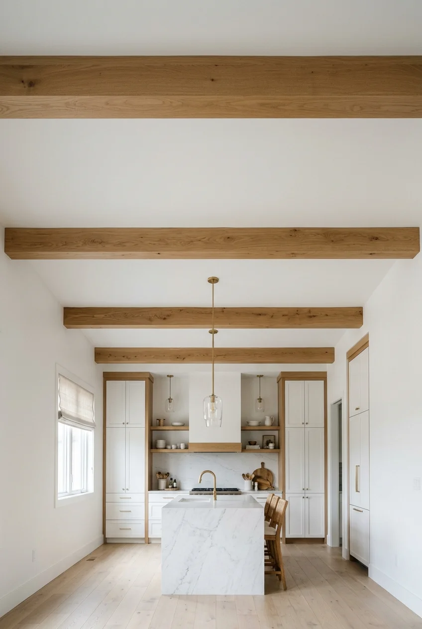 Natural oak beams spaced across a smooth white kitchen ceiling.