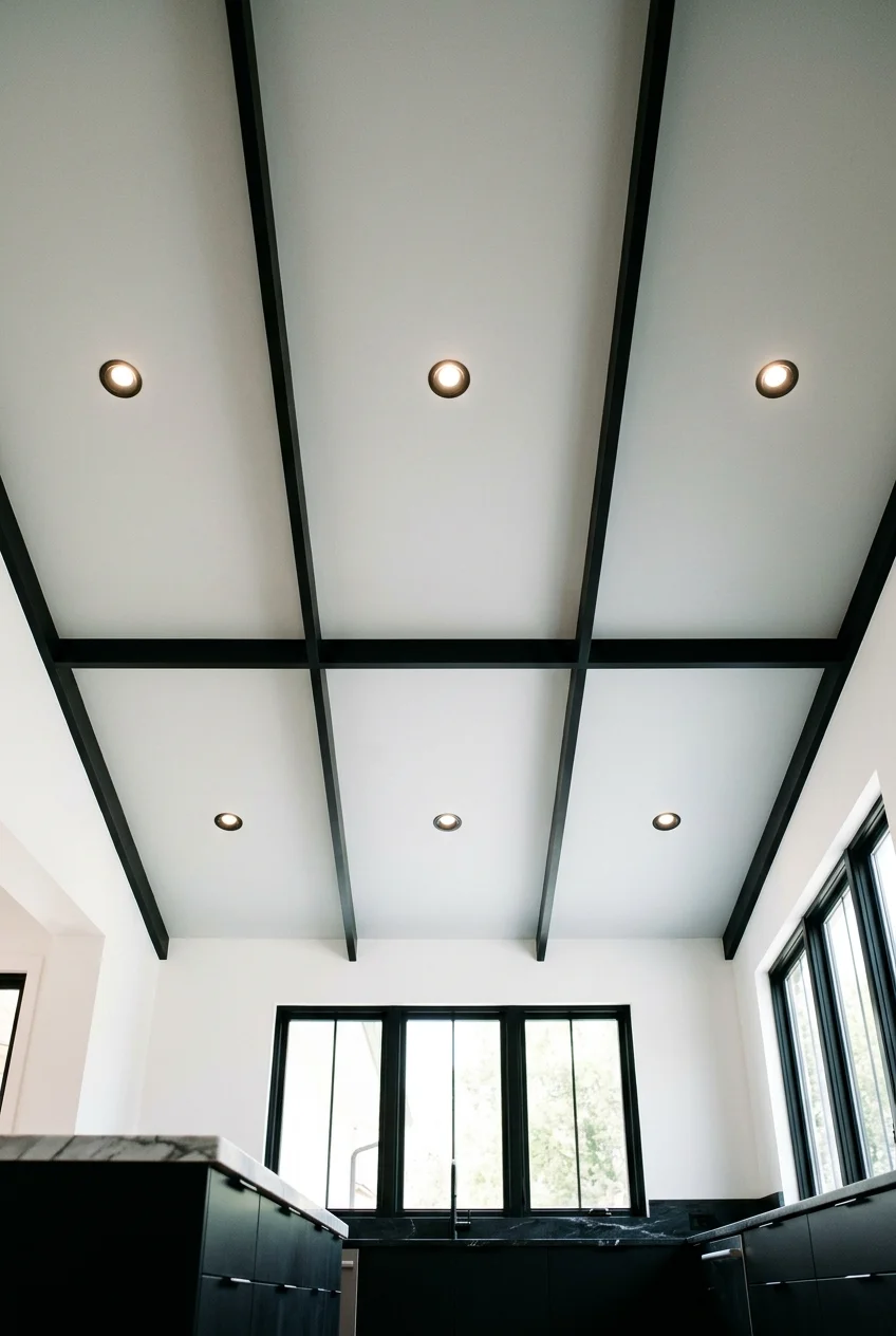 Soft-black beam grid dividing a pale modern kitchen ceiling.