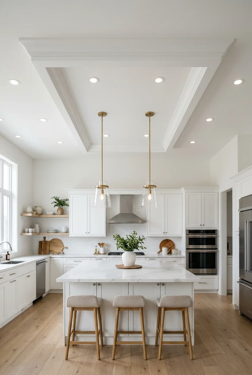 Shallow rectangular tray ceiling centered above a modern island.