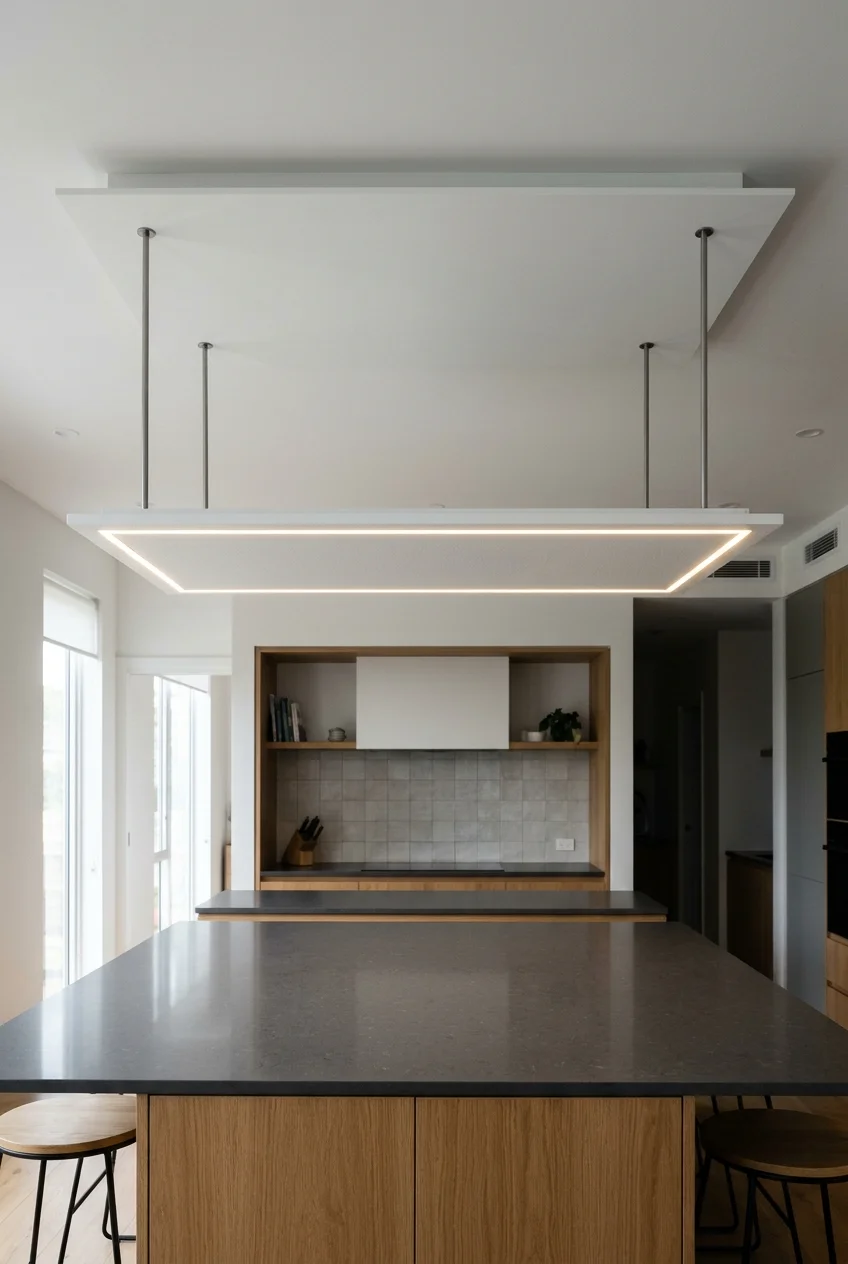 Supported floating ceiling panel with integrated light above an island.