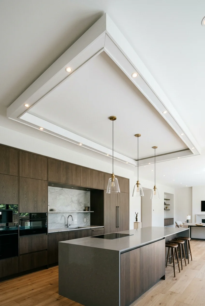 Oversized rectangular ceiling frame organizing lights above a kitchen.