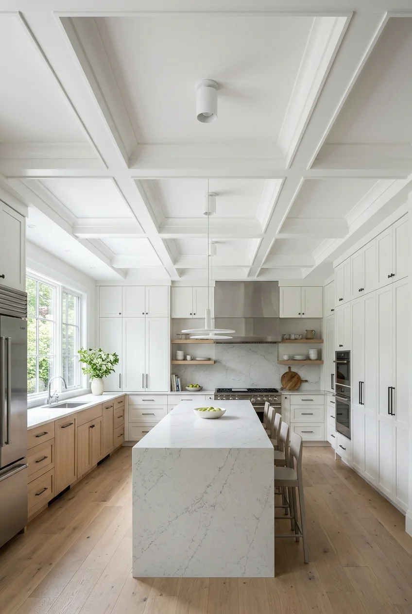 Shallow white coffered ceiling aligned with a large kitchen layout.