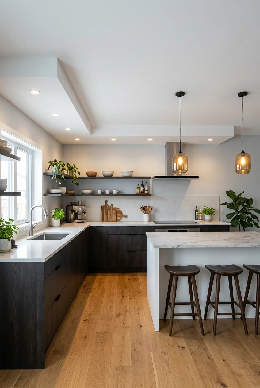 L-shaped ceiling drop following two modern kitchen cabinet walls.