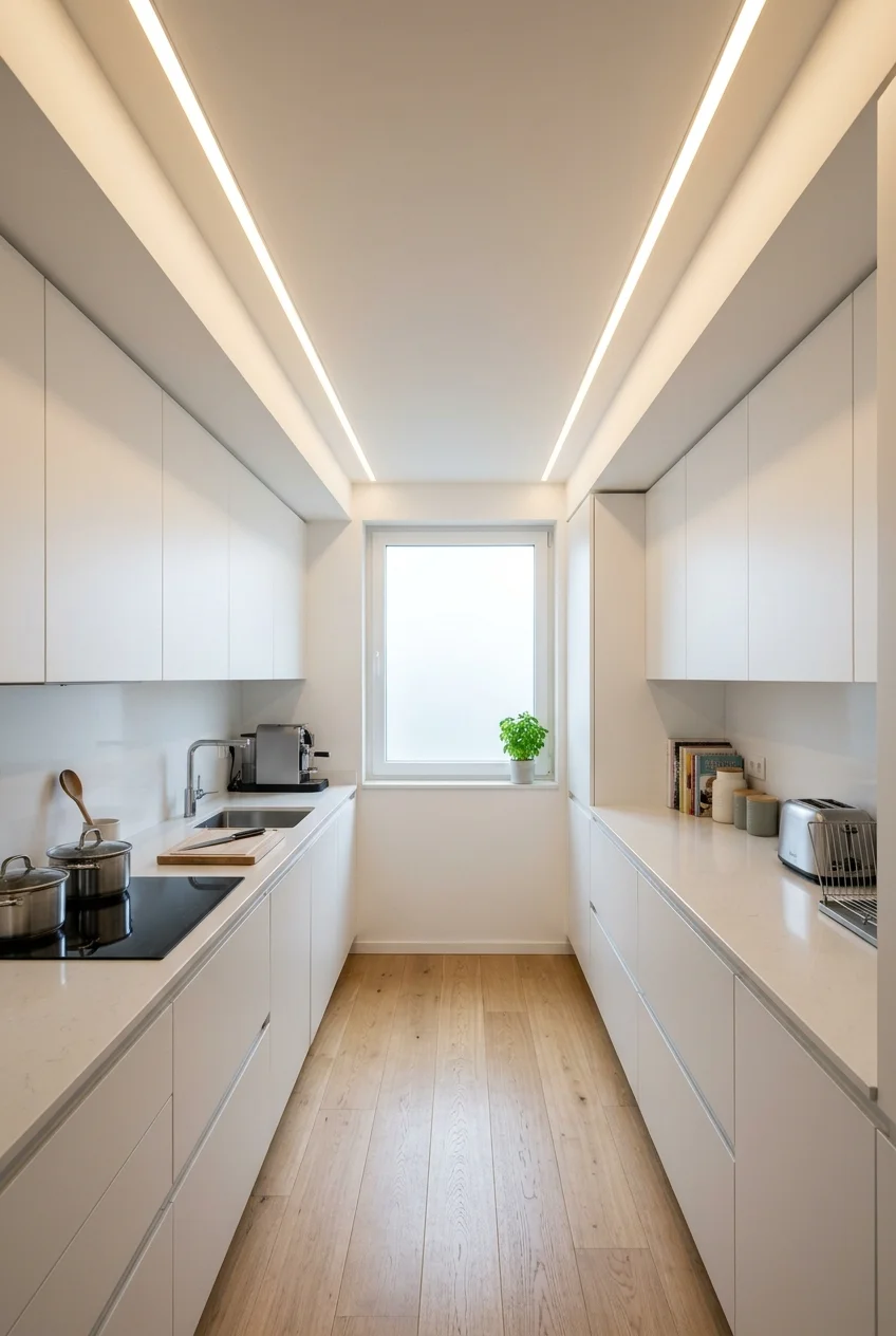 Parallel ceiling channels and linear lights above a modern galley kitchen.