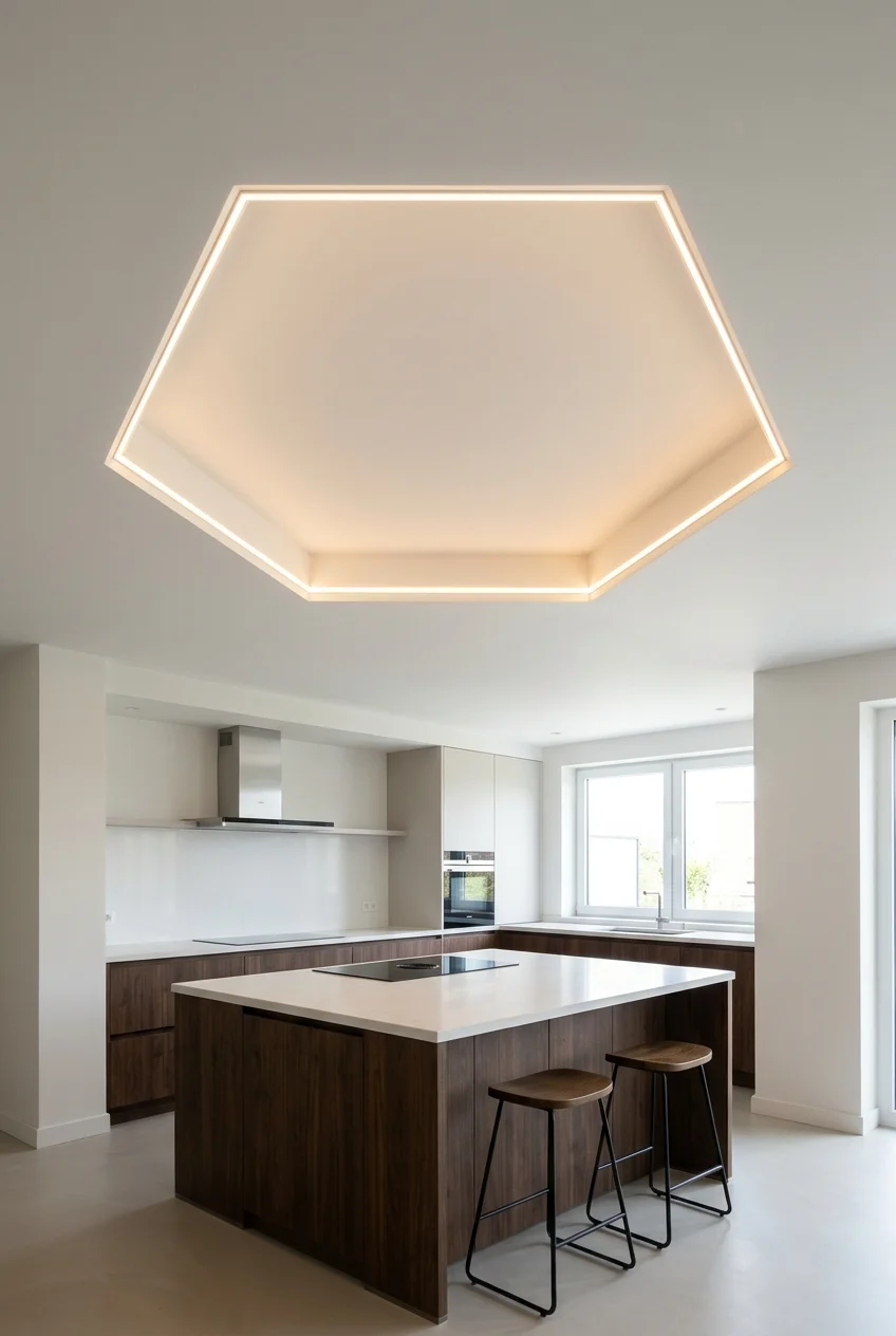 Single hexagonal ceiling recess centered above a square island.