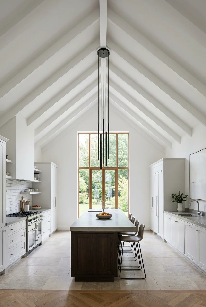 Clean vaulted ceiling centered over a long modern kitchen island.