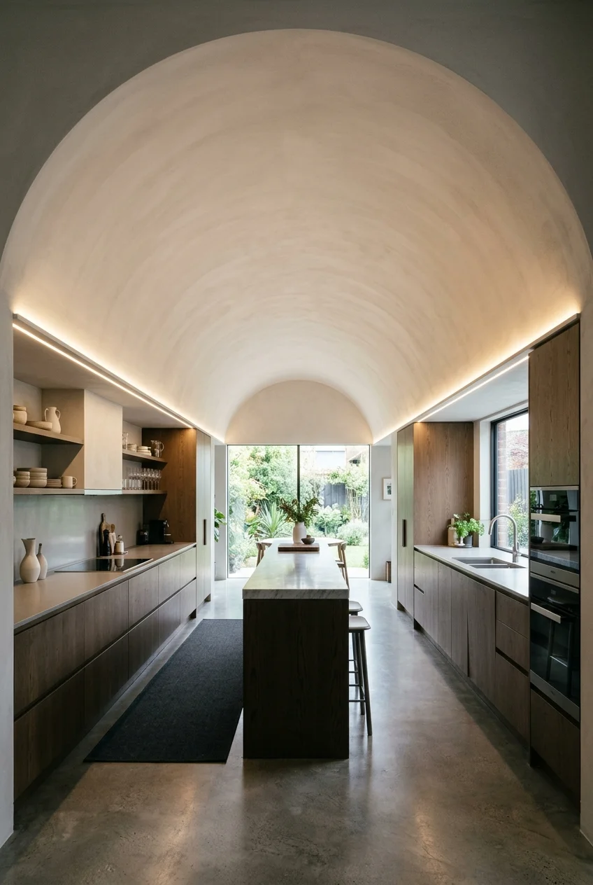 Shallow plaster barrel vault above a contemporary kitchen.