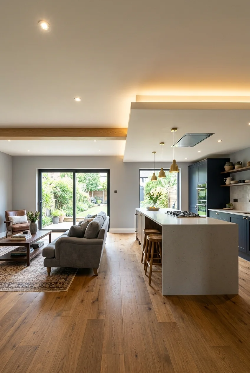 Ceiling step defining the kitchen within an open-plan room.