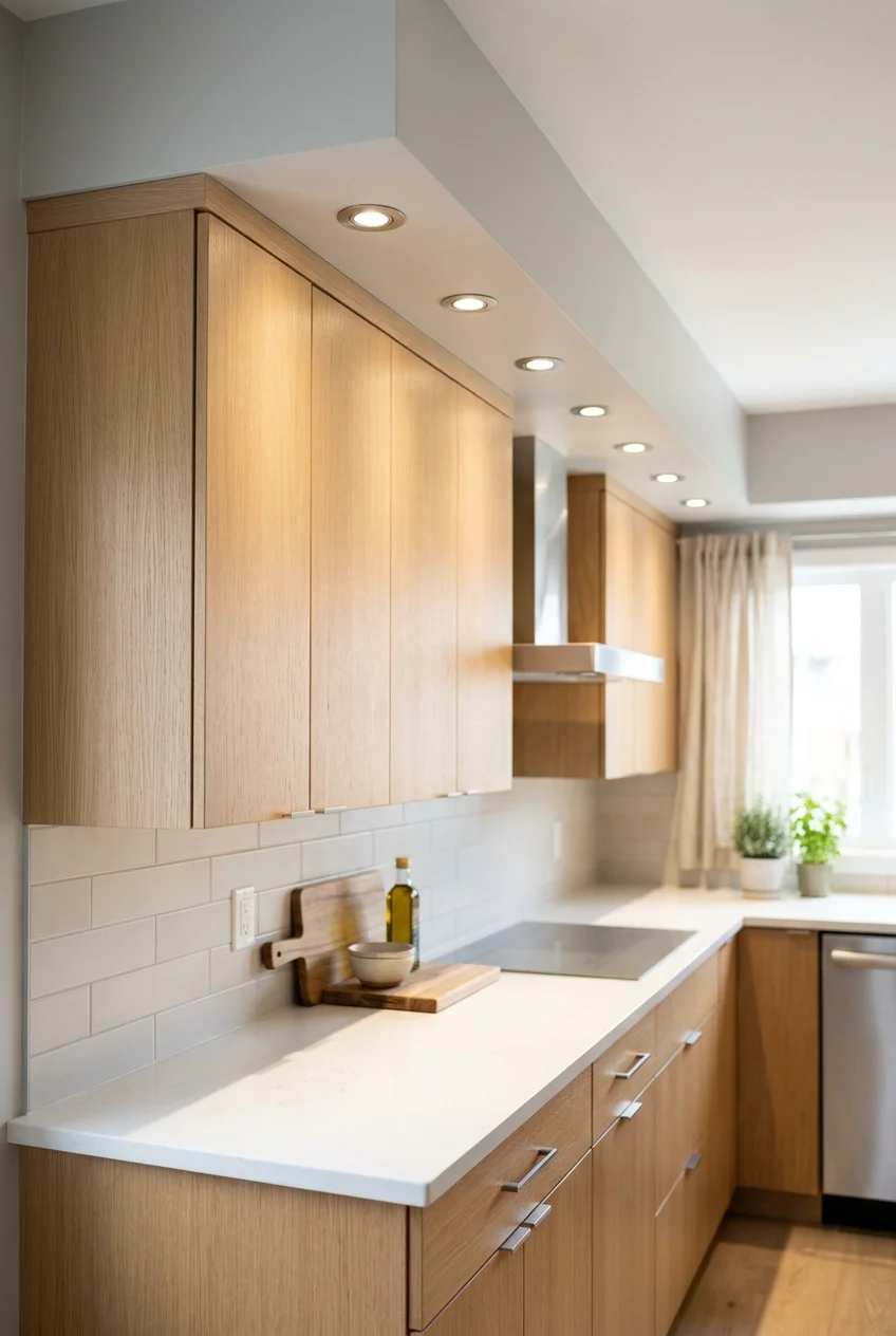 Recessed ceiling lights aligned with kitchen counter fronts.