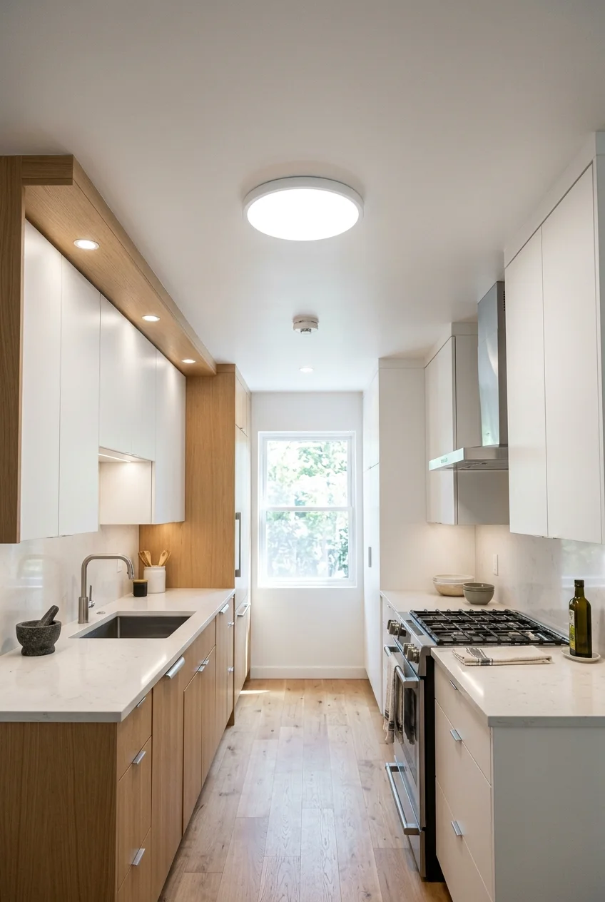 Thin white flush-mount light on a low modern kitchen ceiling.