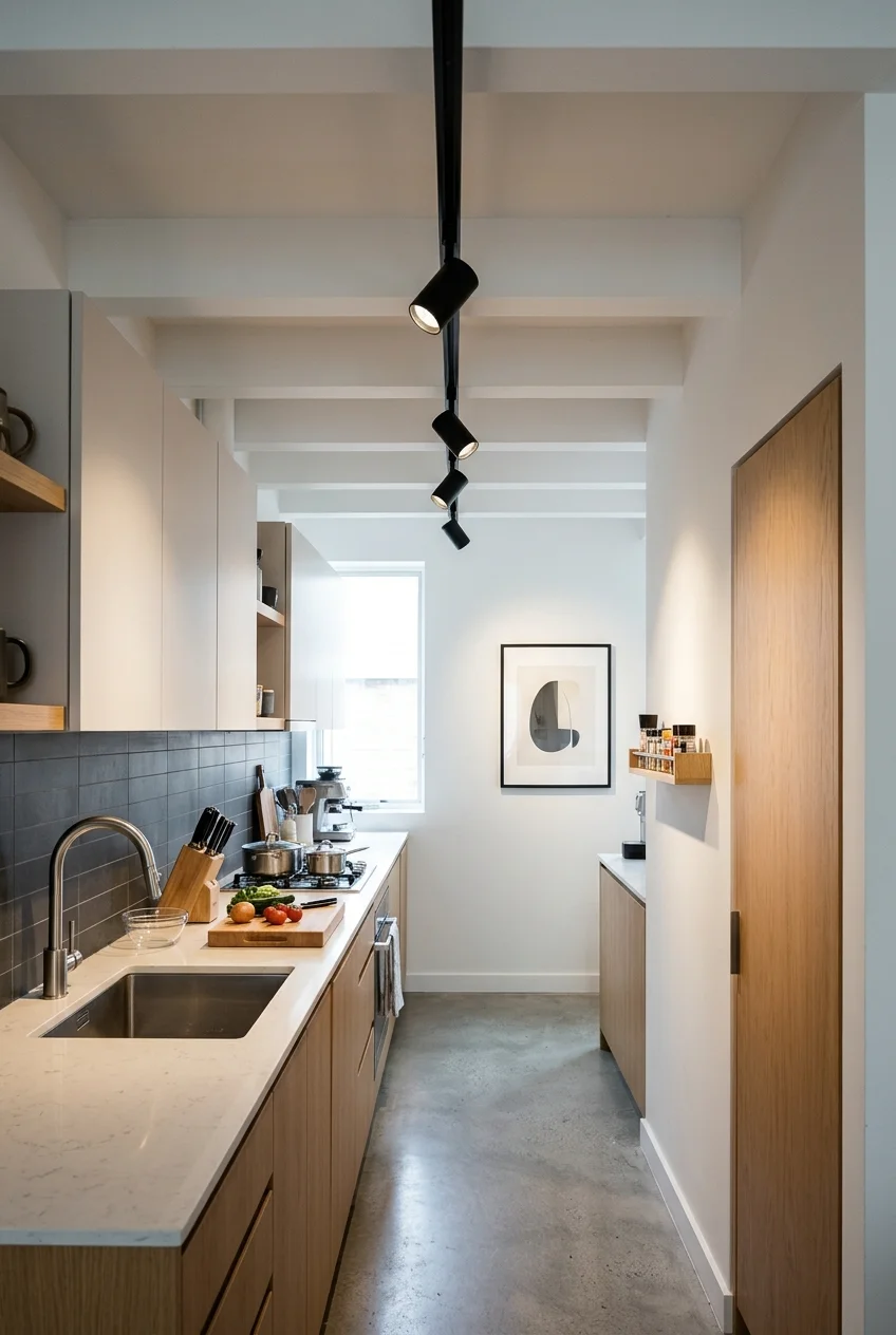 Slim black adjustable track lighting above a modern galley kitchen.