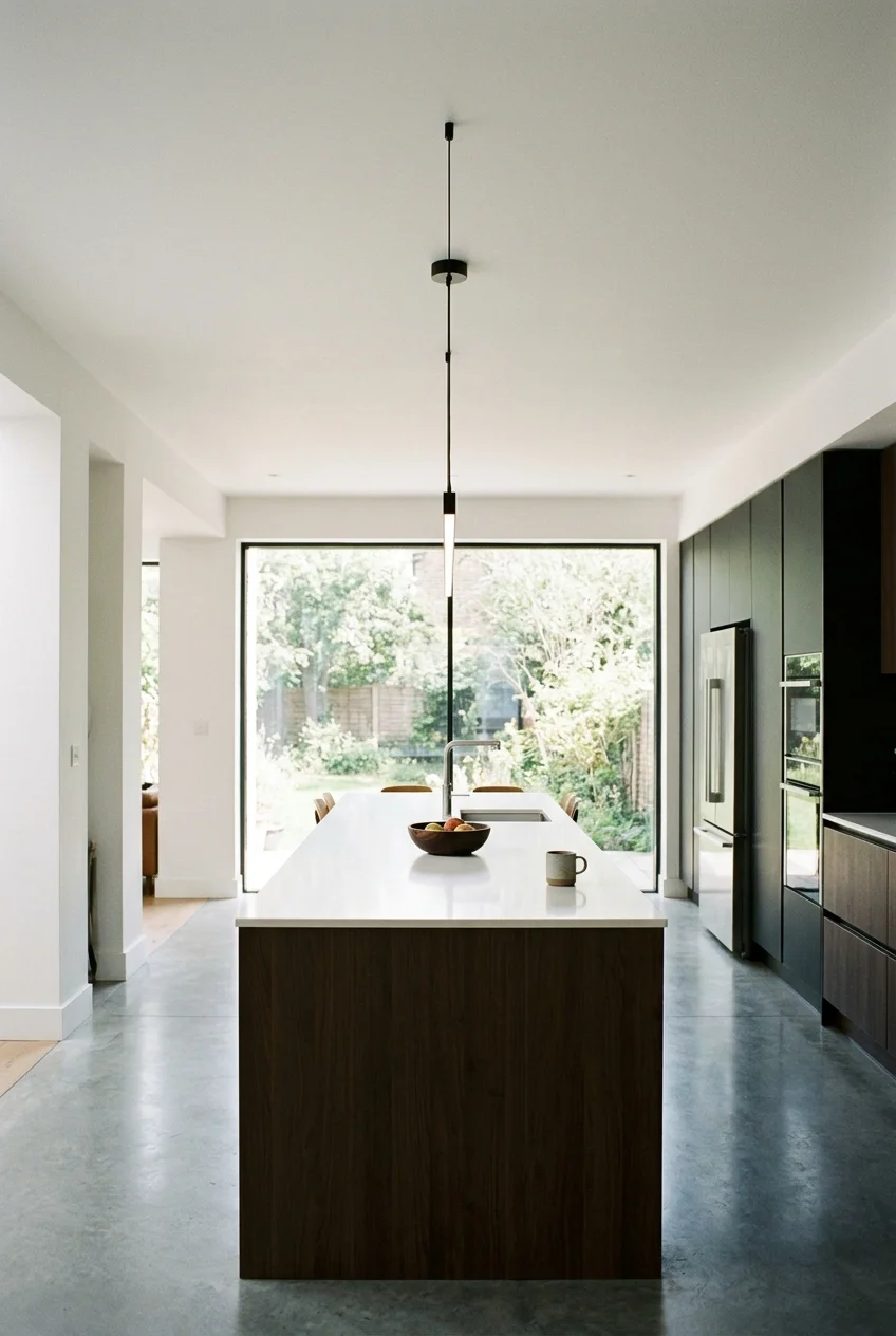 Slim linear pendant aligned over a long modern island.