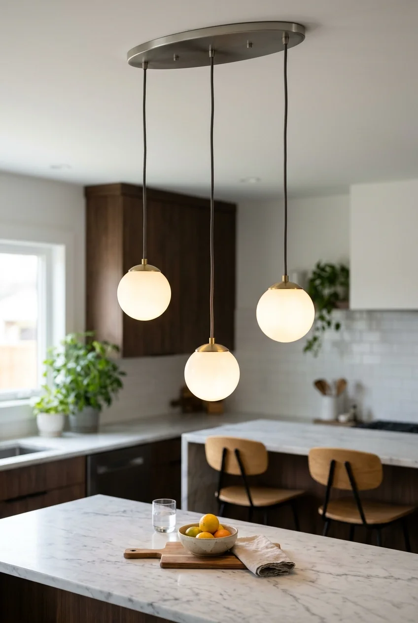 Three small pendants hanging from one ceiling canopy over an island.