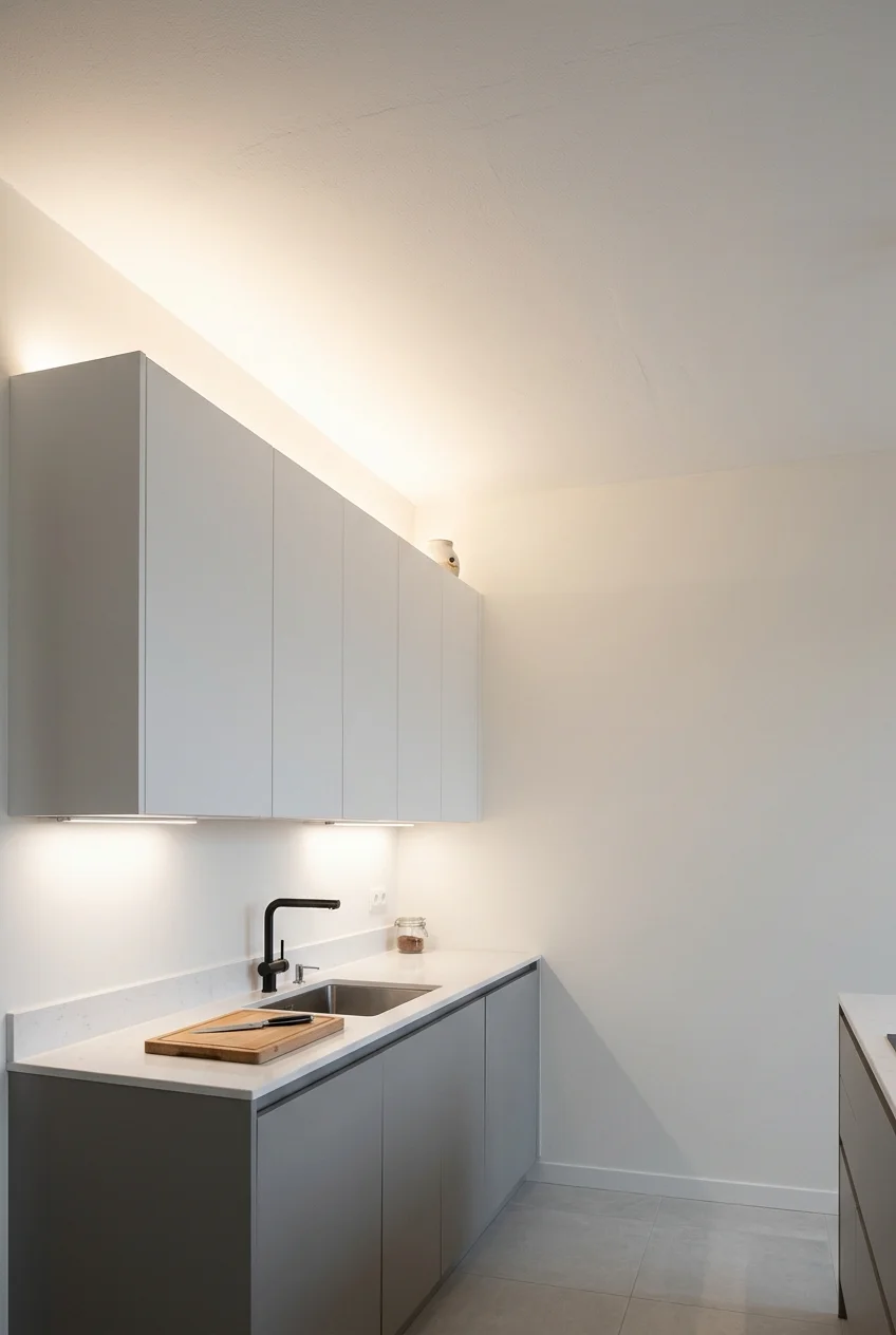 Above-cabinet cove lighting softly washing a white ceiling.