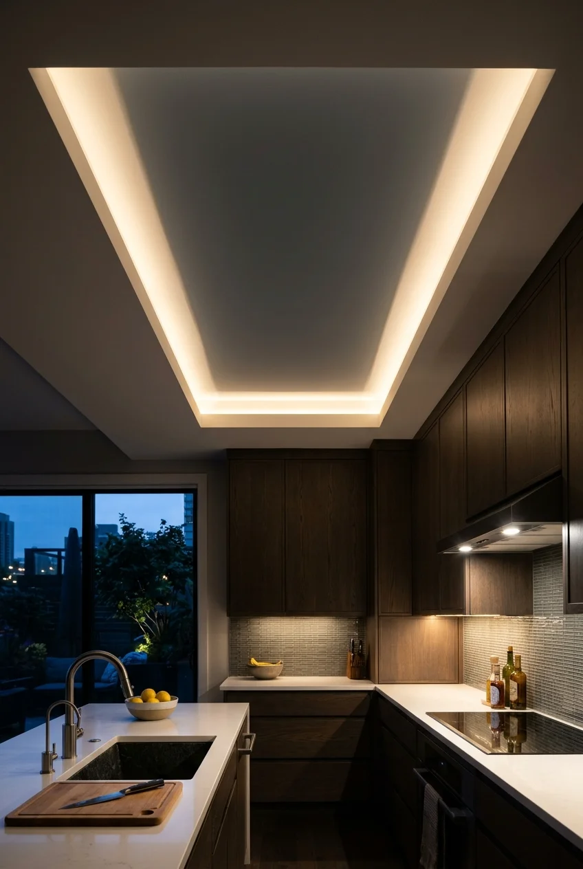 Concealed perimeter light outlining a shallow kitchen tray ceiling.