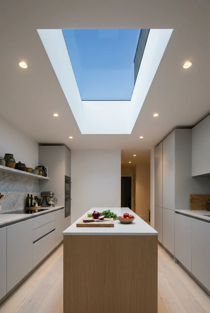 Rectangular skylight centered above a narrow kitchen island.