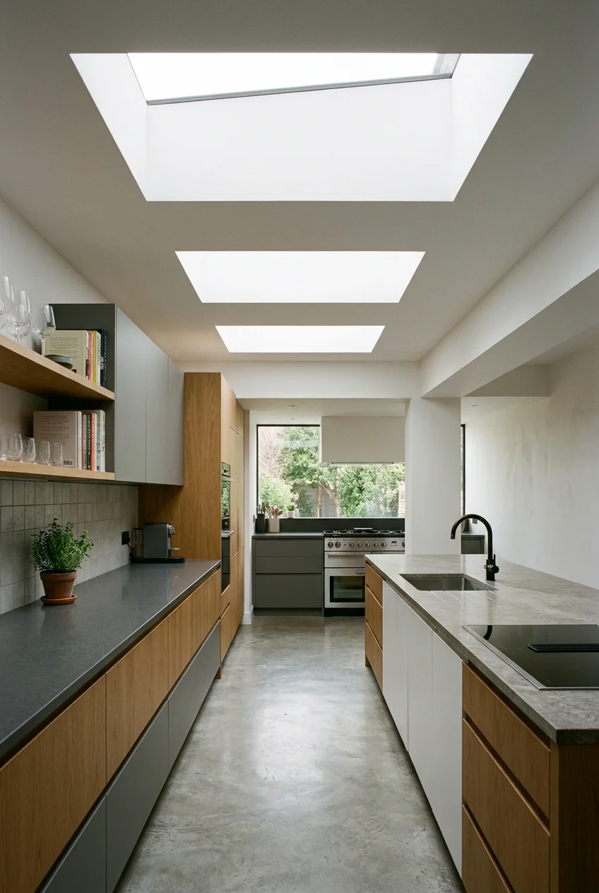 Three smaller roof lights evenly illuminating a long modern kitchen.