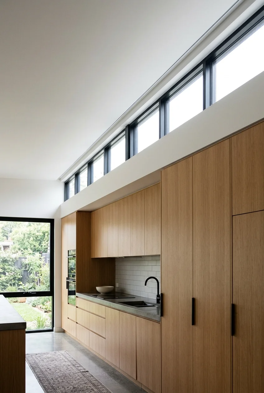 Clerestory window band above a modern kitchen cabinet wall.