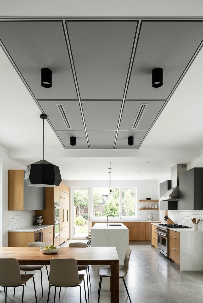 Aligned gray acoustic ceiling panels on the dining side of a kitchen.