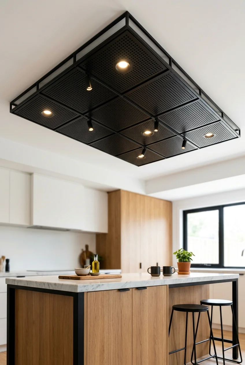Matte black perforated metal ceiling feature above a wood island.