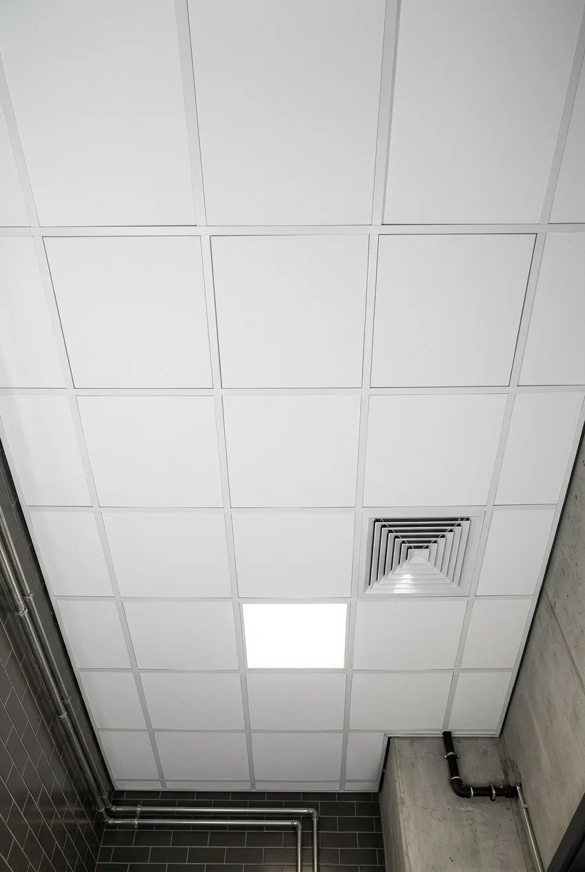 Clean suspended ceiling grid with aligned kitchen fixtures.