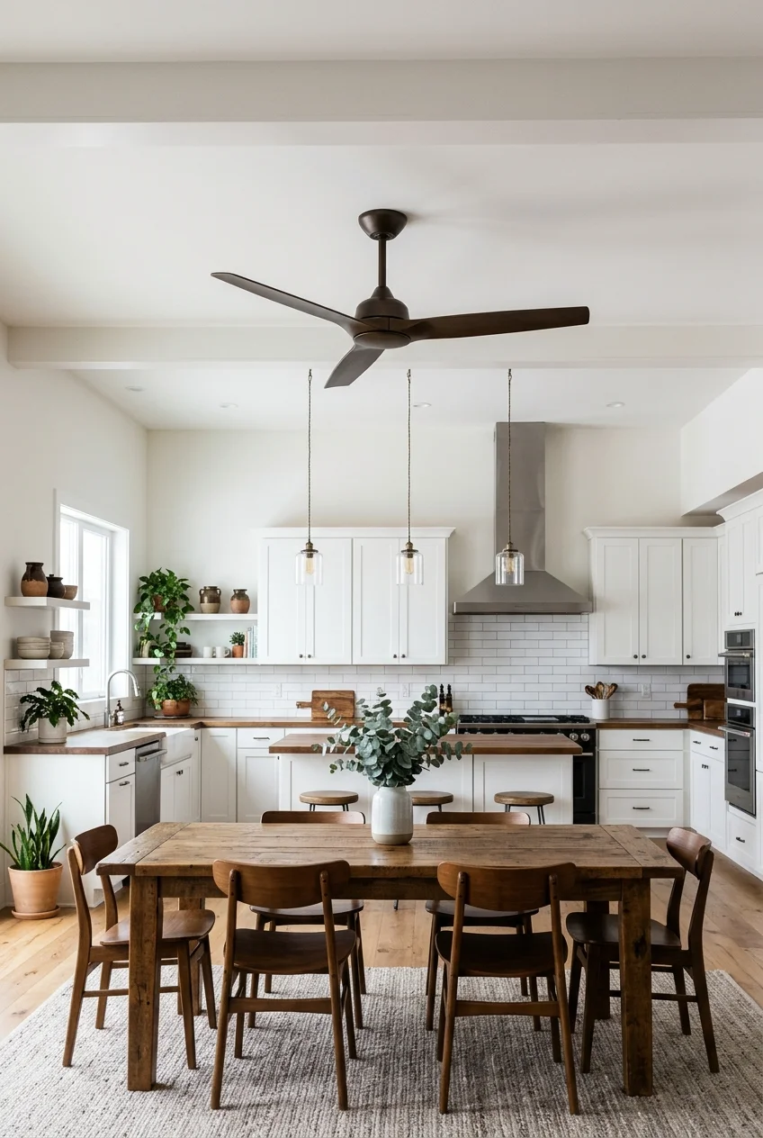 Low-profile ceiling fan positioned beyond the kitchen cooking zone.