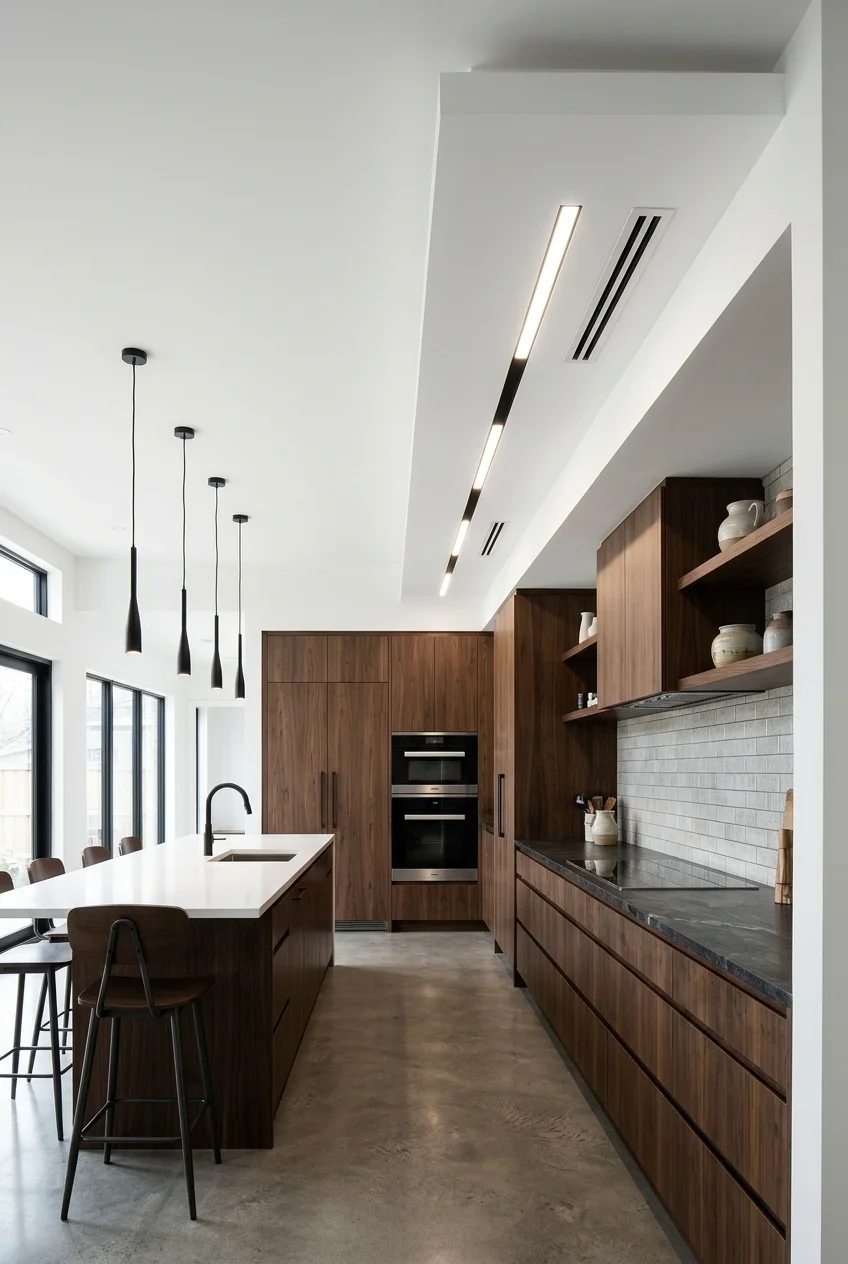 Dropped ceiling spine organizing services above a cabinet wall.