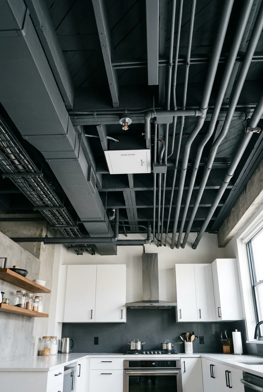 Organized exposed kitchen ceiling painted matte charcoal.