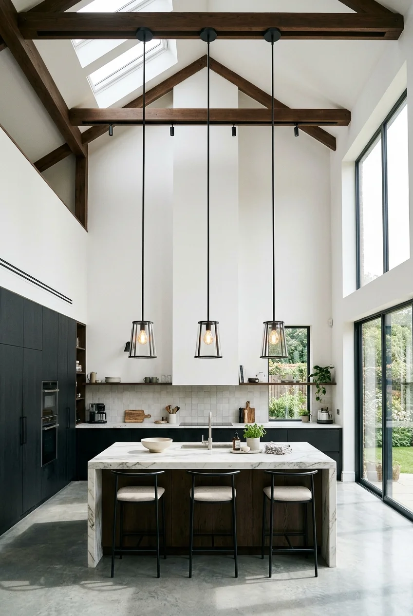 Long pendant drops connecting a high ceiling to the kitchen island.