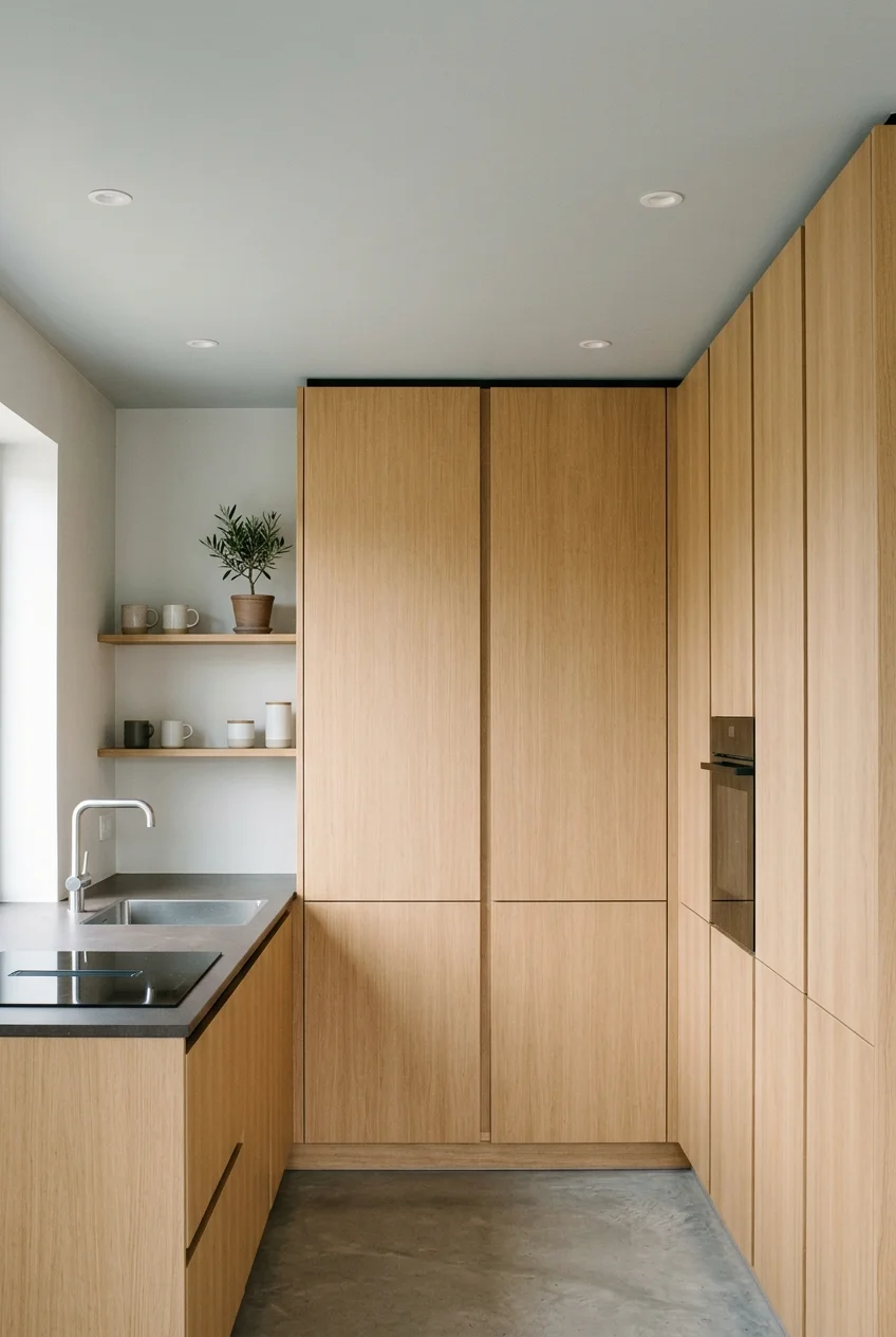 Flat pale low ceiling with shallow lights and tall modern cabinets.
