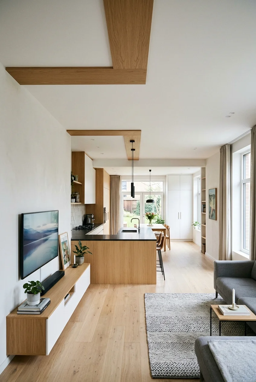 Oak ceiling bands connecting kitchen and living zones.