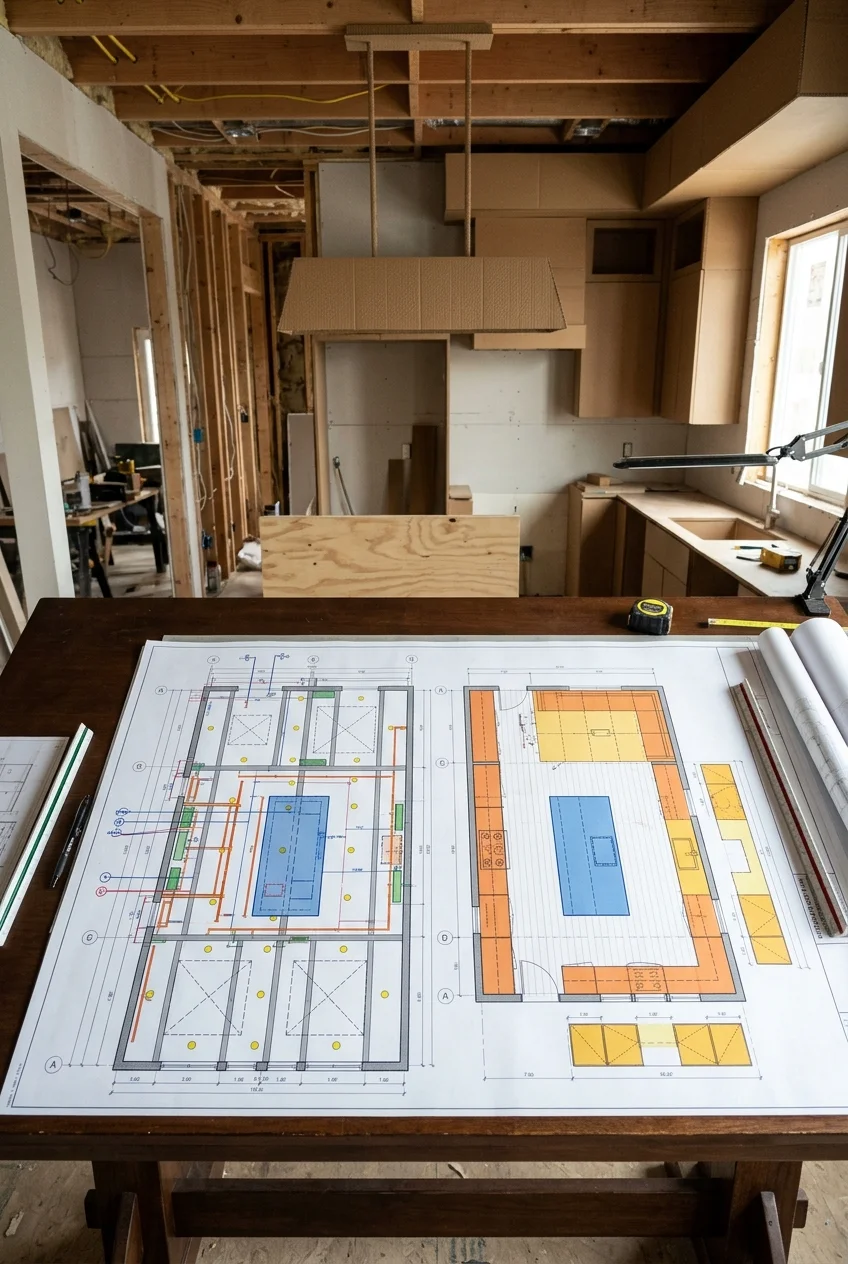 Reflected ceiling plan coordinated with a modern kitchen floor plan.