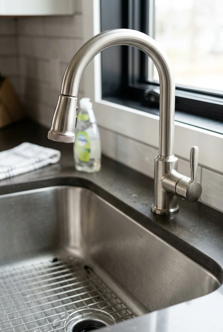 Brushed nickel pull-down faucet securely docked above a deep stainless sink