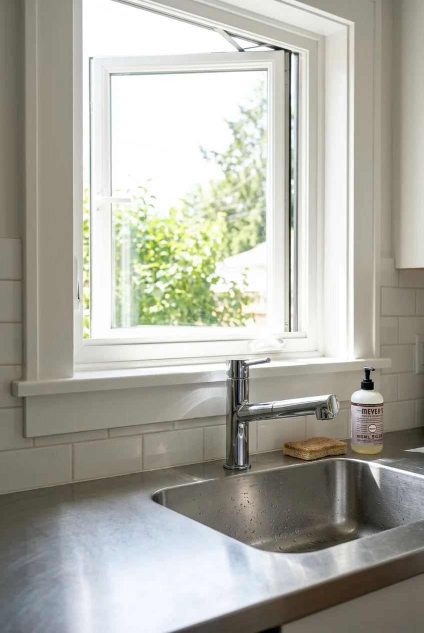 Low-profile chrome pull-out faucet fitting beneath a kitchen window