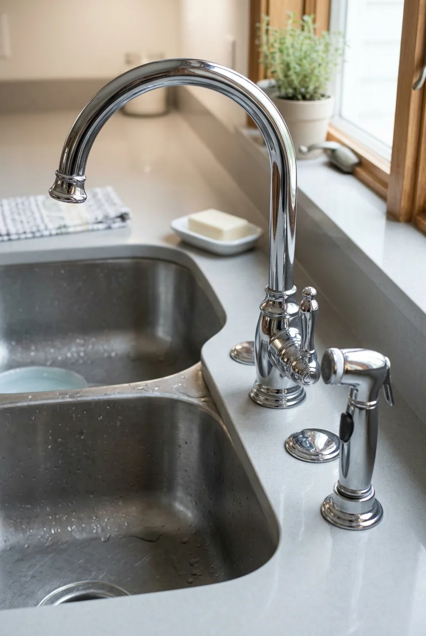 Chrome fixed-spout faucet with separate side sprayer at a double sink